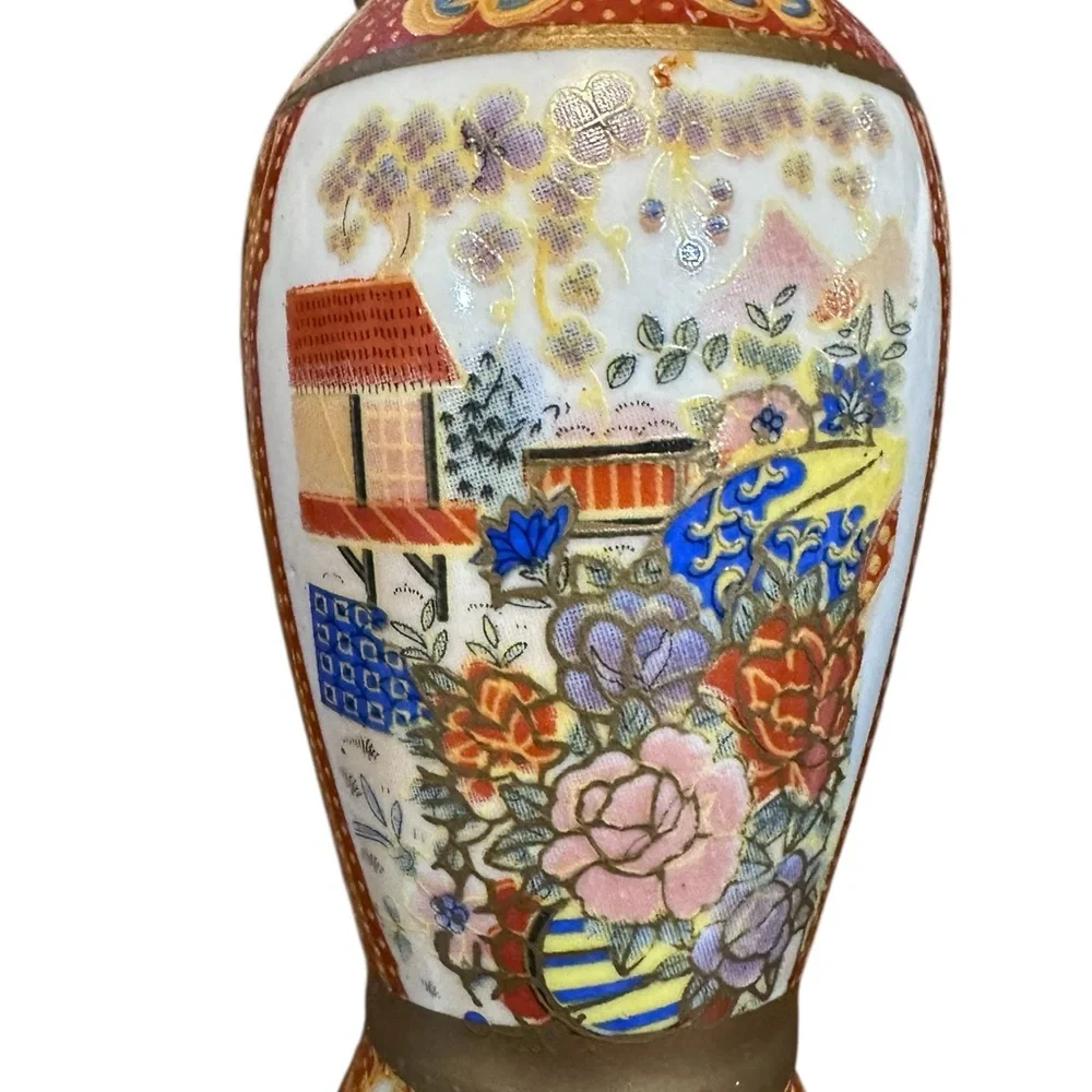 Vintage Satsuma Style Vase Made‎ in China Hand Painted Floral Village 6”